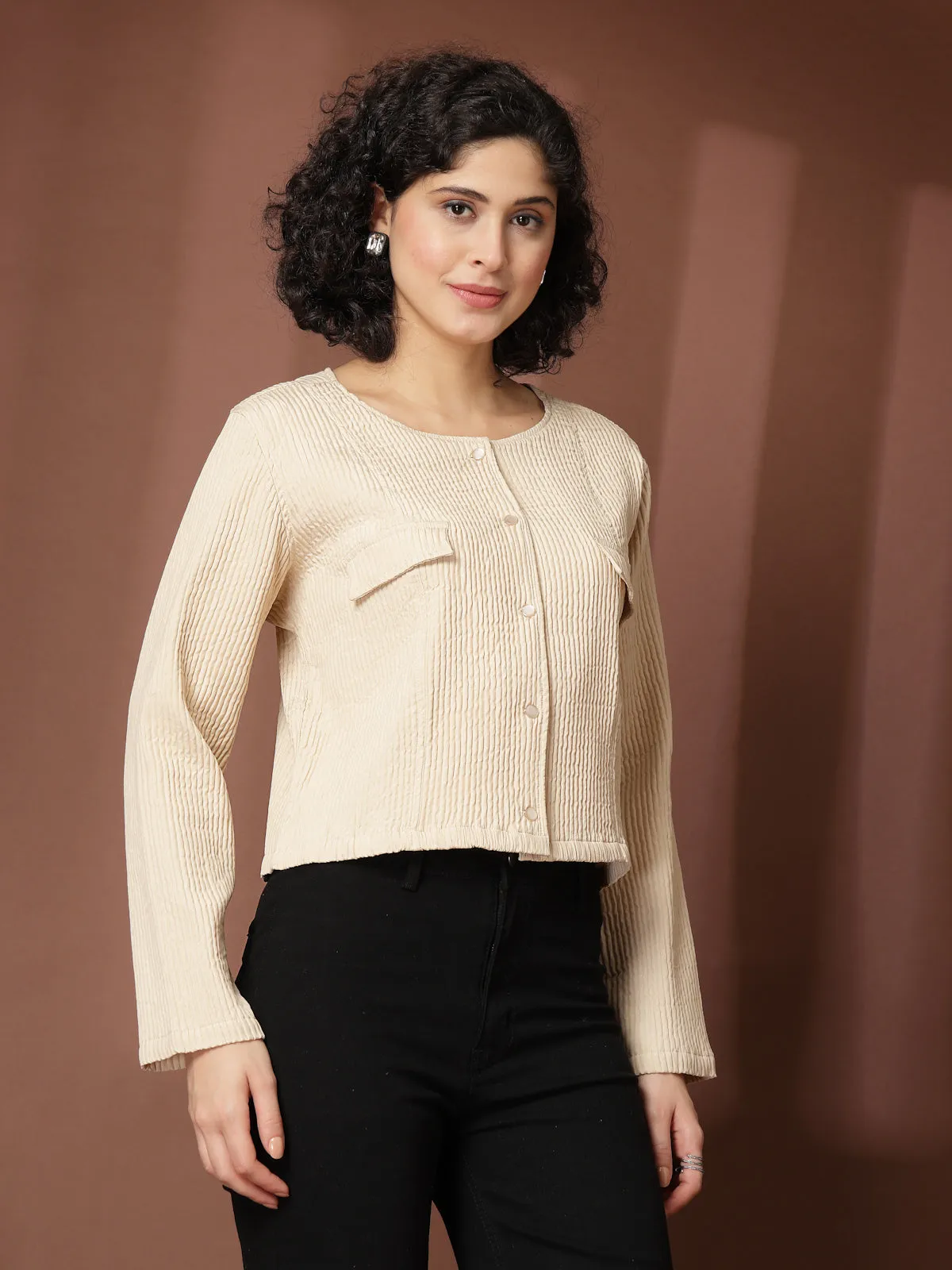Beige collarless full sleeve Shirt