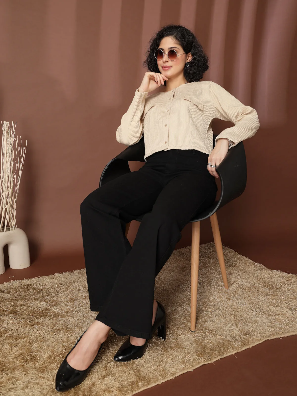 Beige collarless full sleeve Shirt