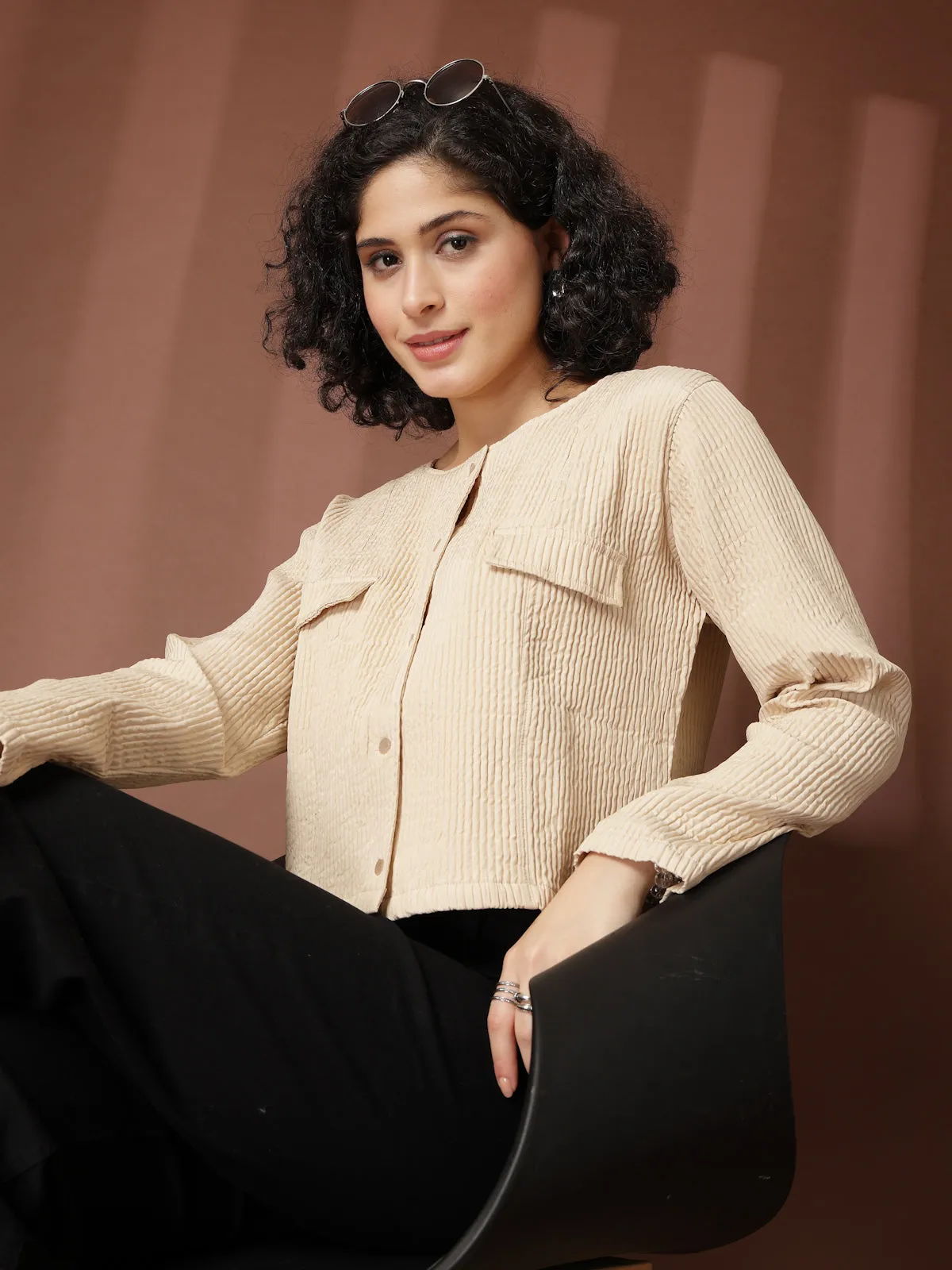 Beige collarless full sleeve Shirt