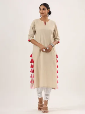 Beige Trendy Straight Cotton Kurta Only