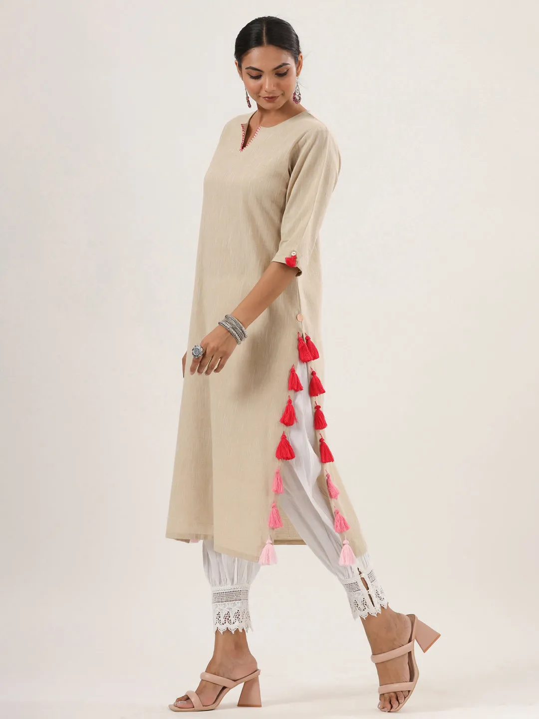 Beige Trendy Straight Cotton Kurta Only