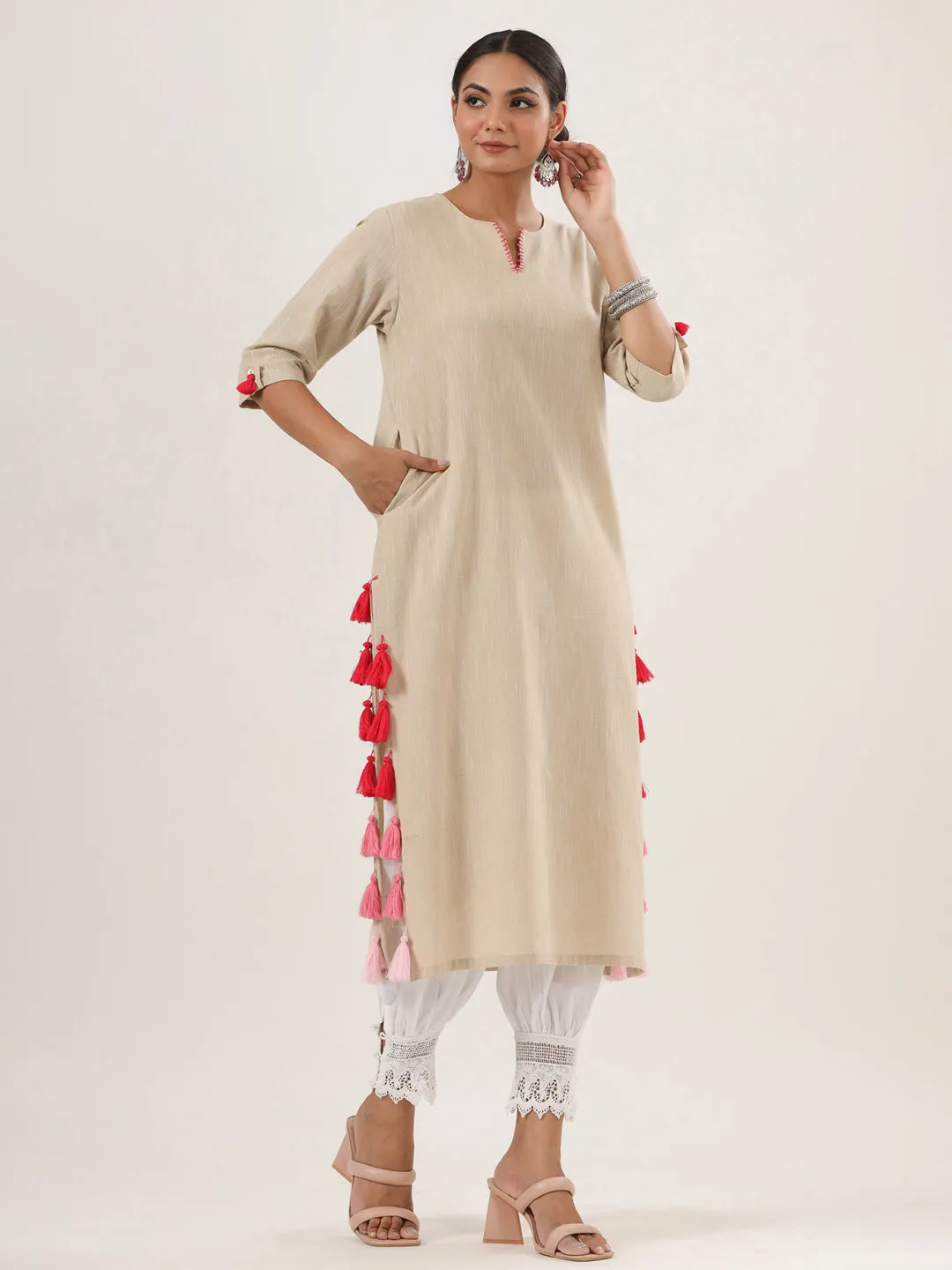 Beige Trendy Straight Cotton Kurta Only