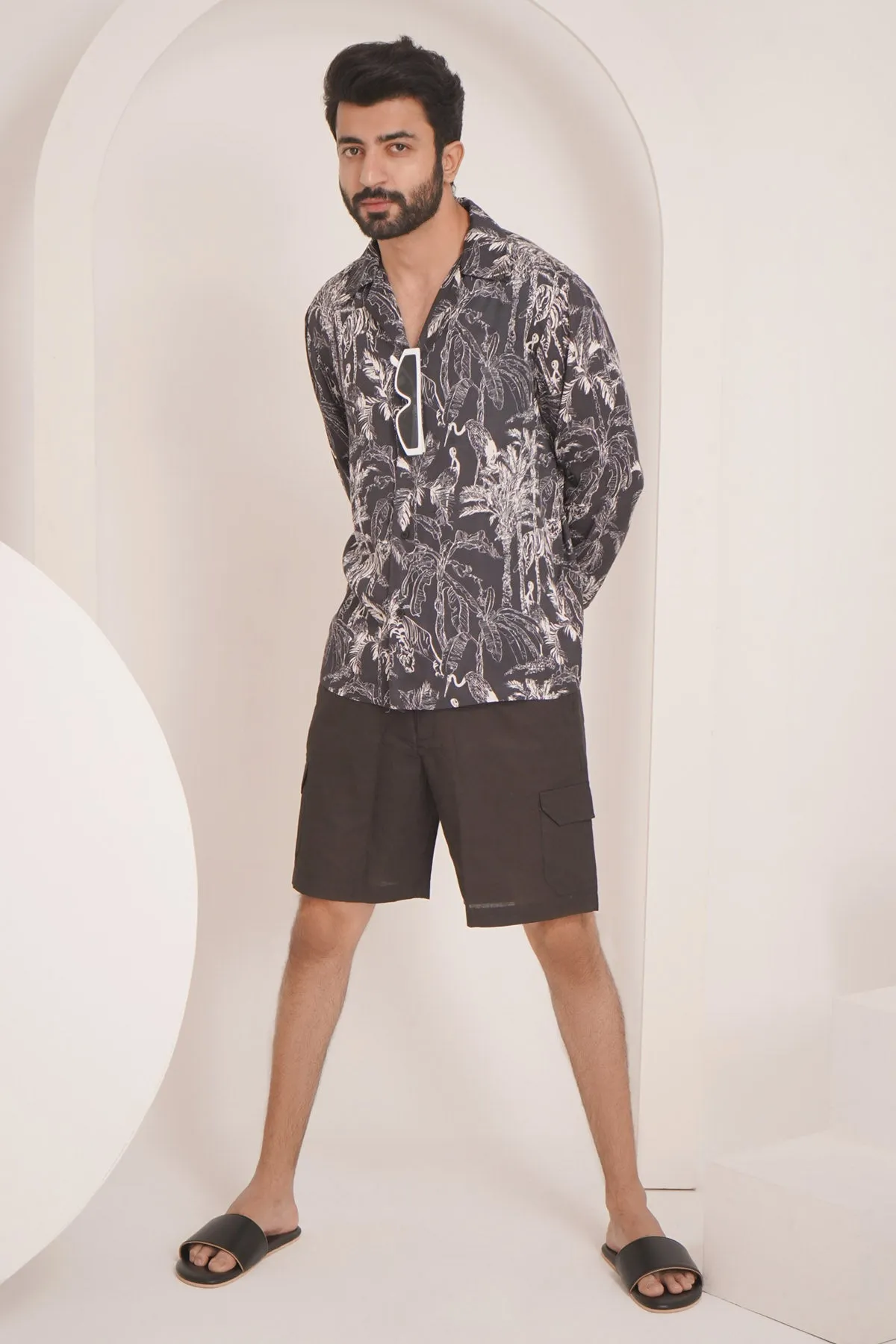 Black Cotton Linen Shorts