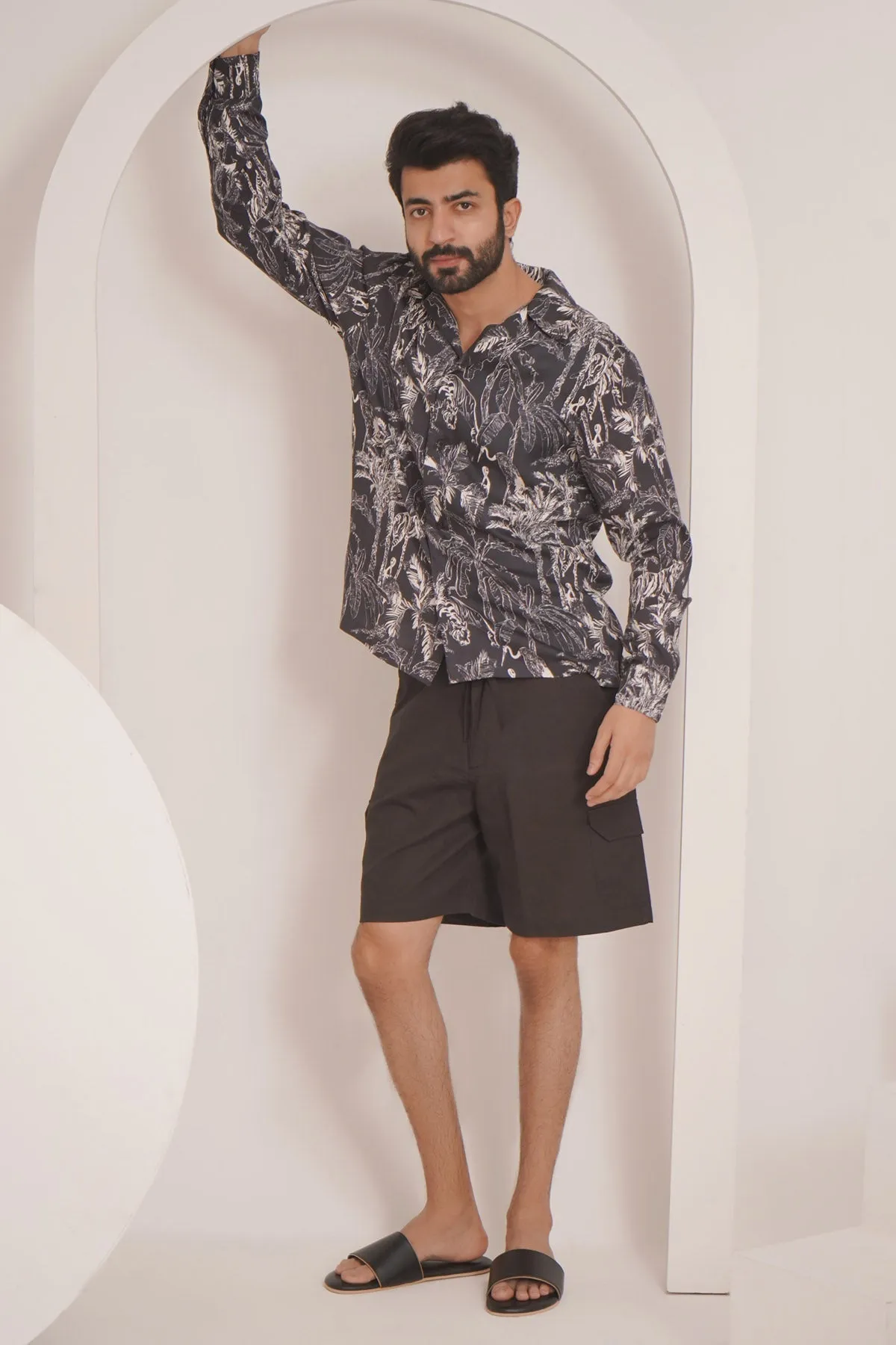 Black Cotton Linen Shorts