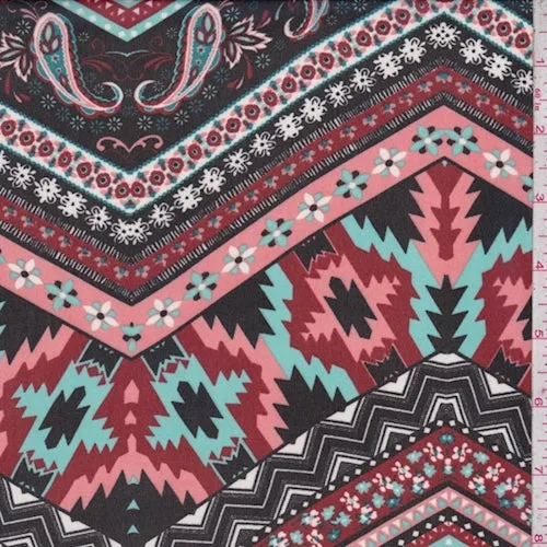 Black/Clay/Turquoise Deco Chevron Georgette Fabric