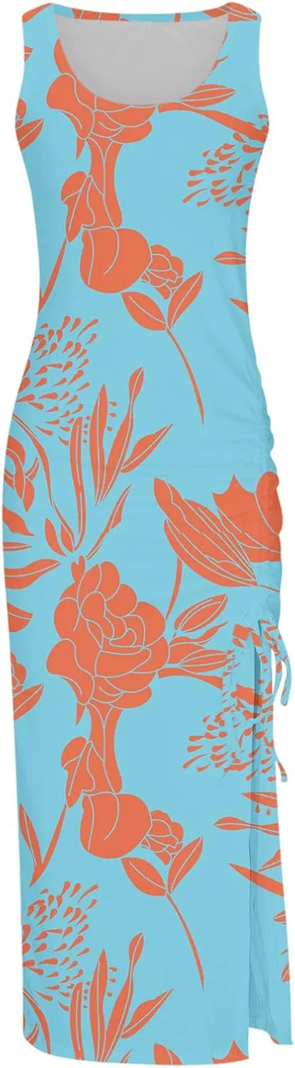 Bodycon Dresses for Women Summer Sexy Sleeveless Side Split Tank Dress Ruched Drawstring Club Going Out Midi Dresses
