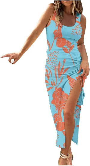 Bodycon Dresses for Women Summer Sexy Sleeveless Side Split Tank Dress Ruched Drawstring Club Going Out Midi Dresses
