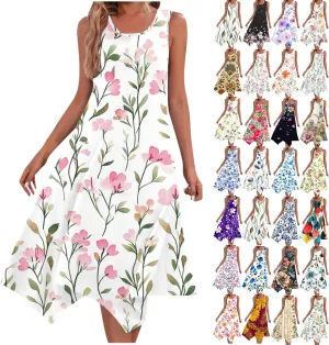 Boho Dresses for Women 2025 Causal Fashion Floral Print Bohemian Dress Sleeveless Scoop Neck Ruffle Tank Sundress