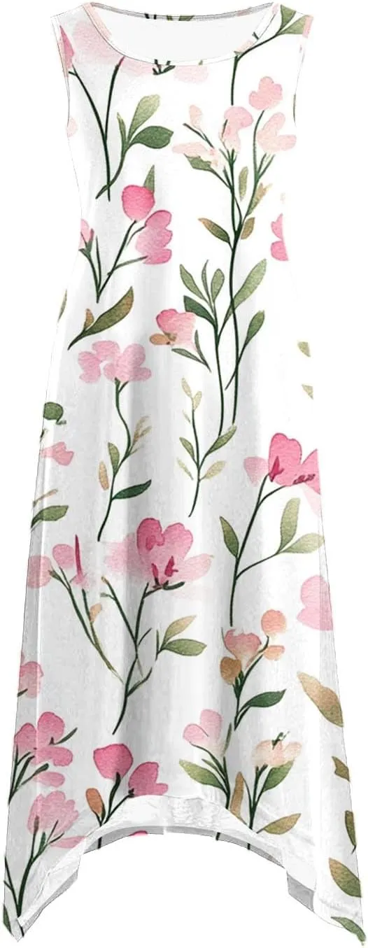 Boho Dresses for Women 2025 Causal Fashion Floral Print Bohemian Dress Sleeveless Scoop Neck Ruffle Tank Sundress