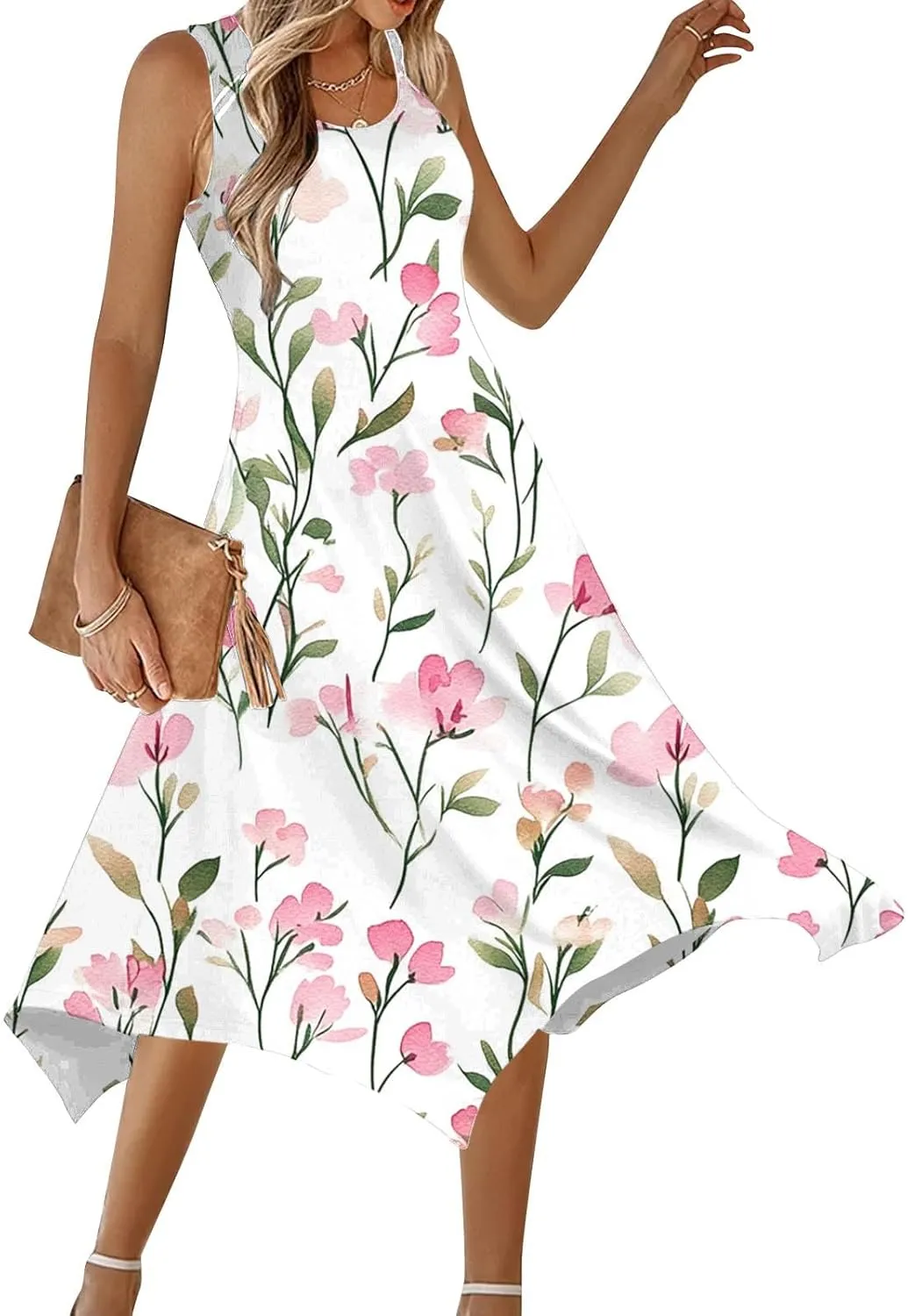 Boho Dresses for Women 2025 Causal Fashion Floral Print Bohemian Dress Sleeveless Scoop Neck Ruffle Tank Sundress