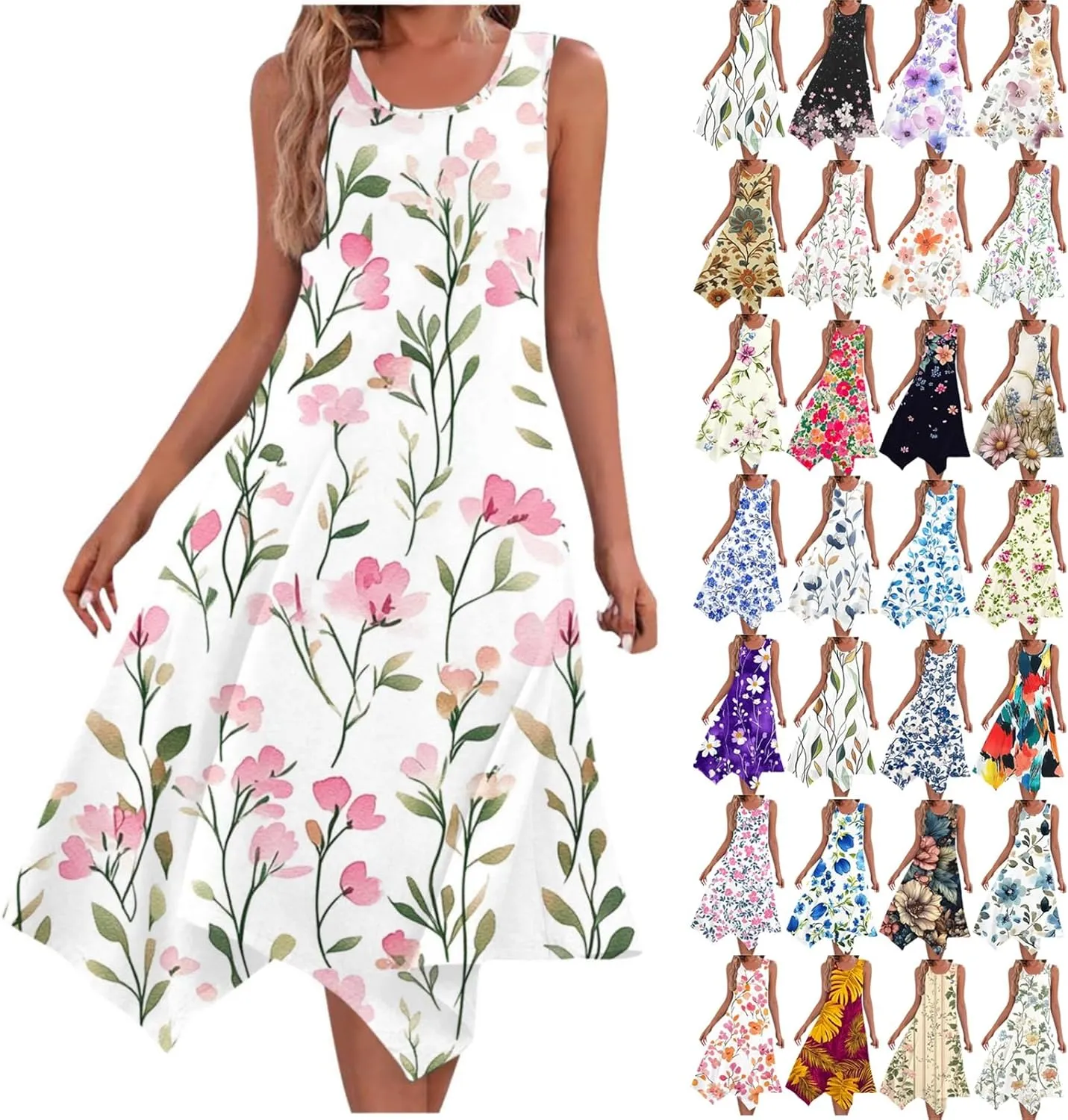 Boho Dresses for Women 2025 Causal Fashion Floral Print Bohemian Dress Sleeveless Scoop Neck Ruffle Tank Sundress