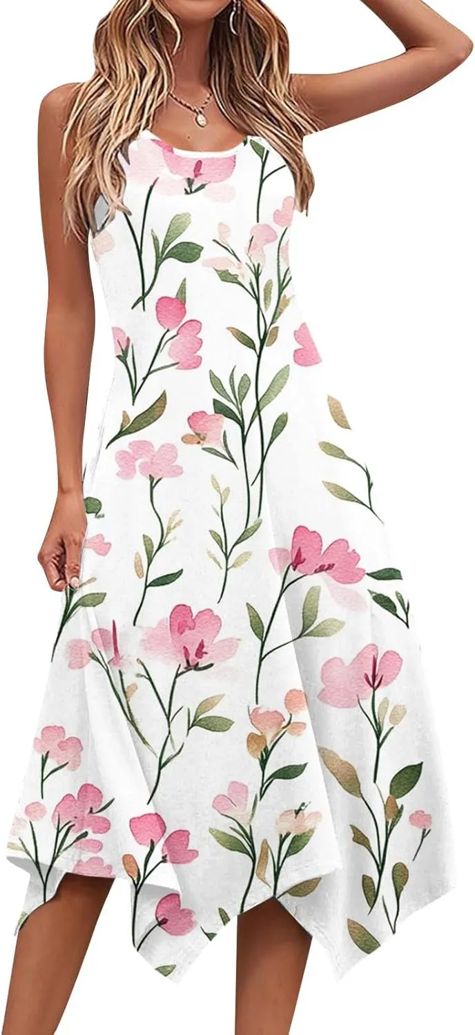 Boho Dresses for Women 2025 Causal Fashion Floral Print Bohemian Dress Sleeveless Scoop Neck Ruffle Tank Sundress