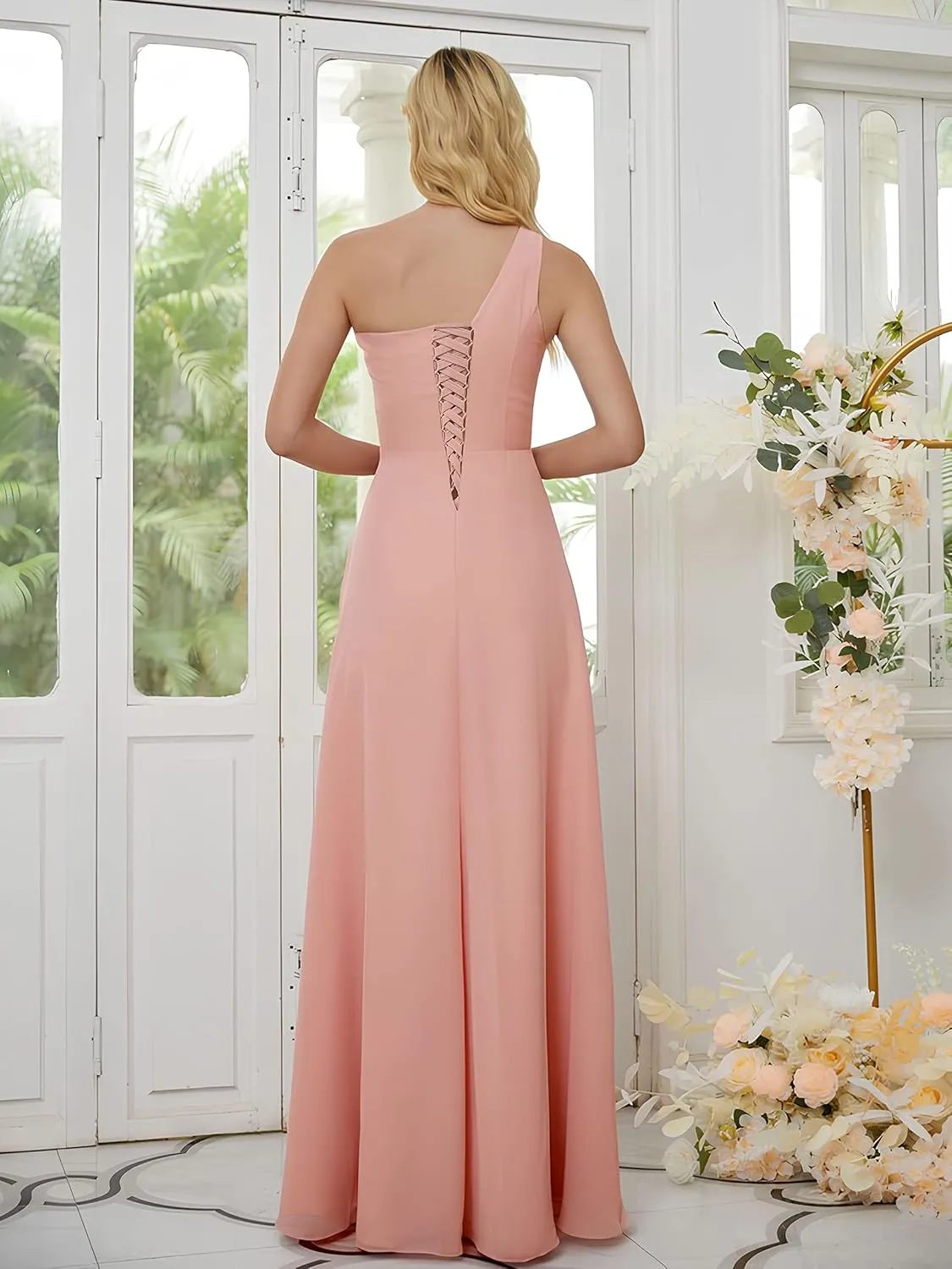 BONOYUER One Shoulder Bridesmaid Dresses for Women A Line High Slit Pleated Flowy Chiffon Formal Evening Gown