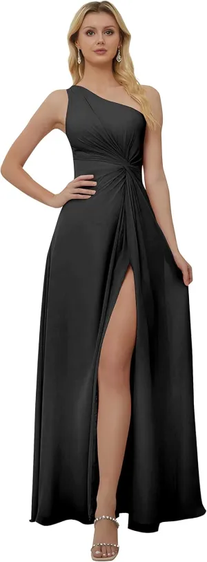 BONOYUER One Shoulder Bridesmaid Dresses for Women A Line High Slit Pleated Flowy Chiffon Formal Evening Gown