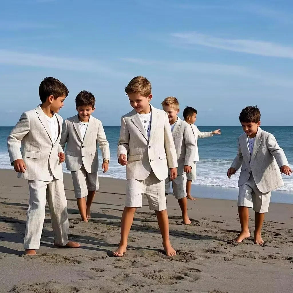 Boys Linen Suits Shorts Suit for Boy Summer Beach Wedding Outfit Casual Lightweight 2 Pieces Blazer Short Set
