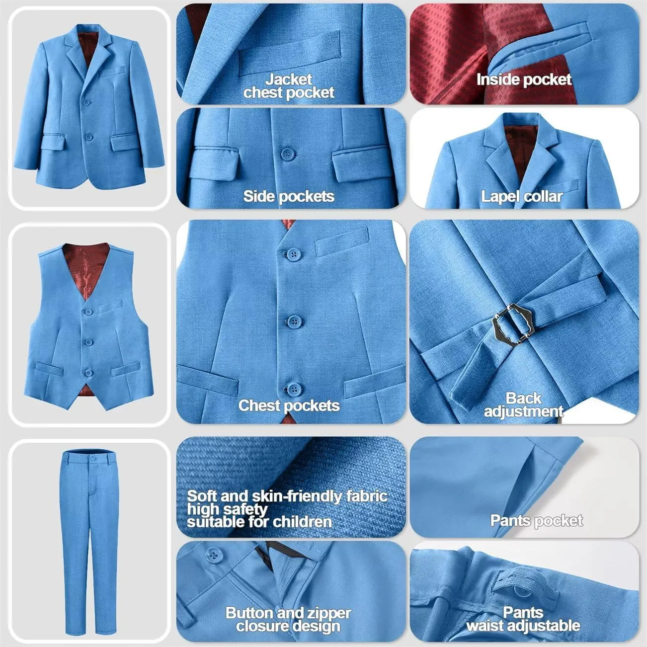 Boys Suits Set Slim Fit Kids Toddler Tux Suit for Teen Boy Wedding Outfit Communion Dress Clothes with Jacket Vest Pants Tie