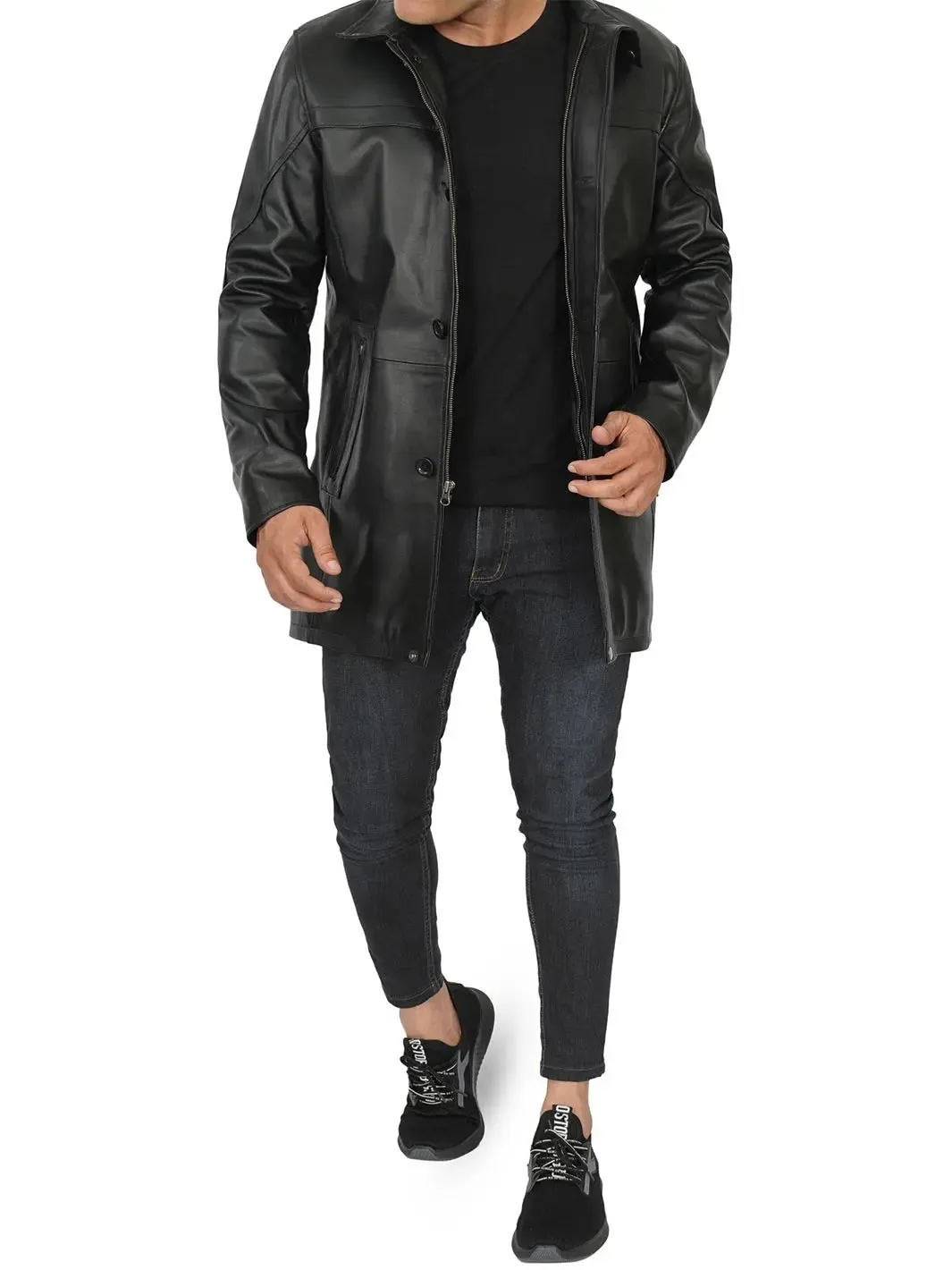 Bristol Men's Black Leather Car Coat