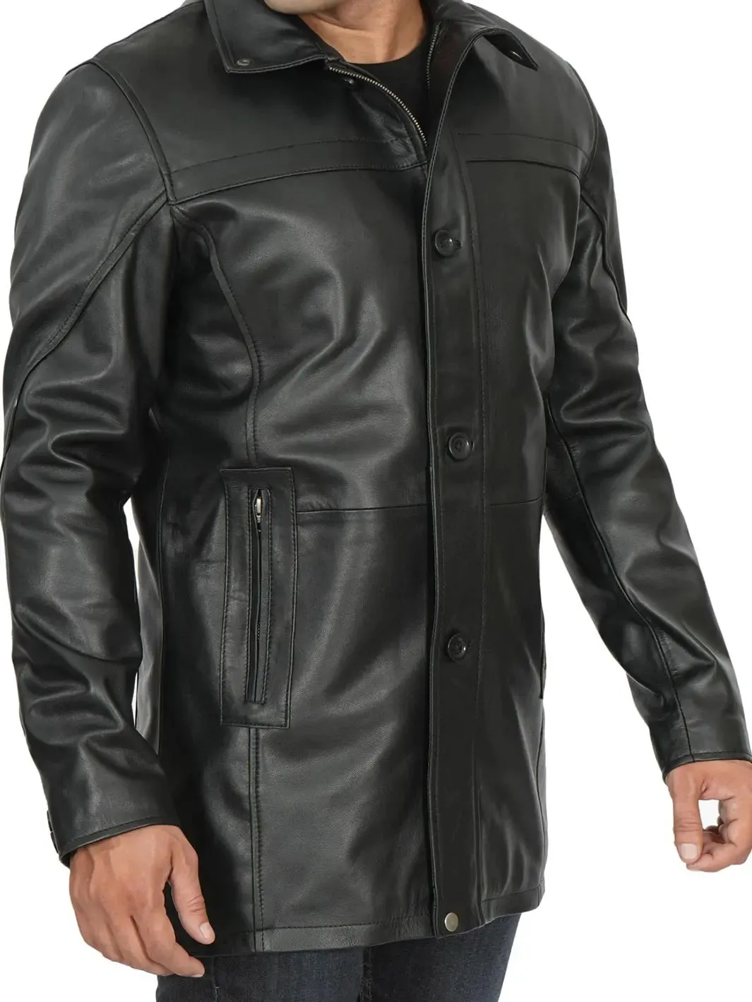 Bristol Men's Black Leather Car Coat