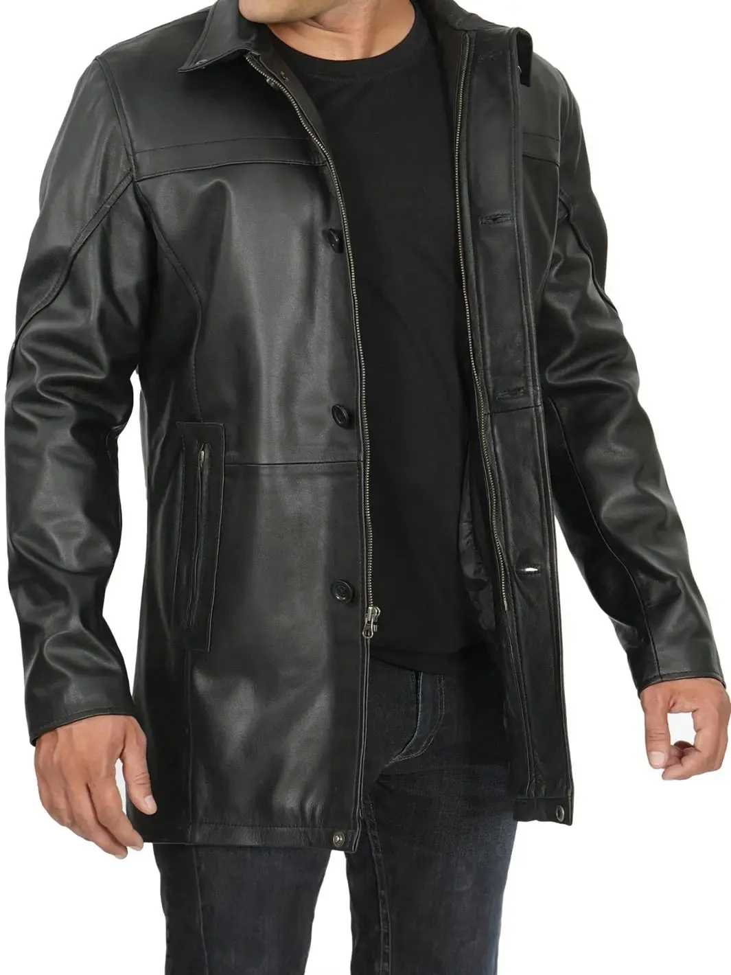Bristol Men's Black Leather Car Coat