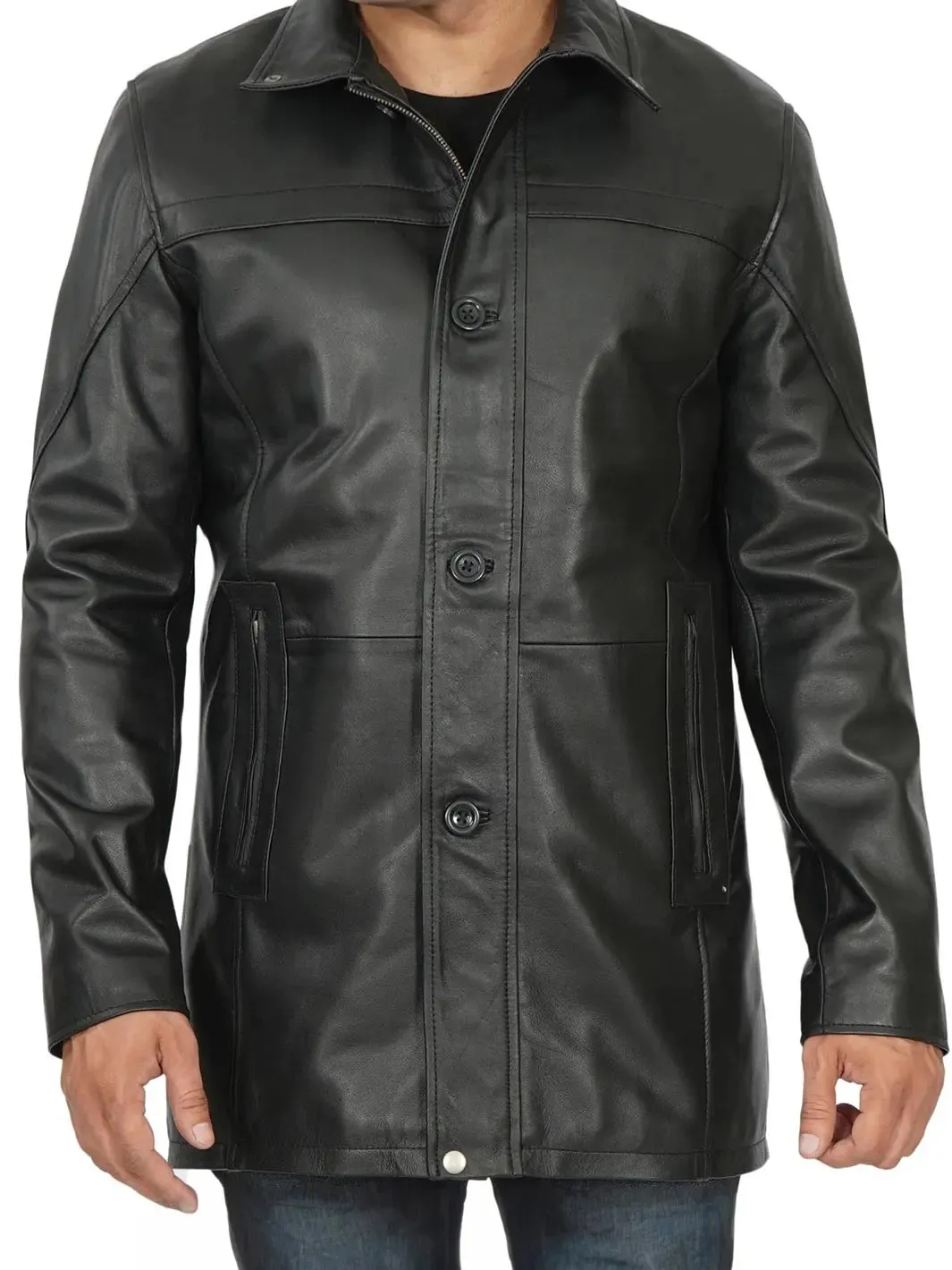 Bristol Men's Black Leather Car Coat