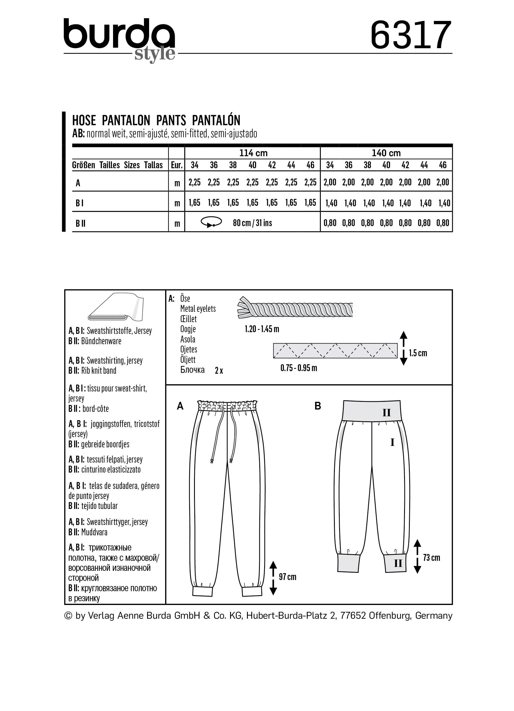 Burda Pattern 6317 Misses' jogging pull on pant