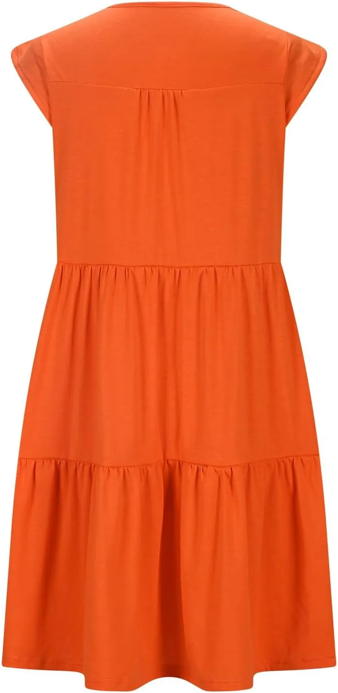 Cap Sleeve Crewneck Pleated Babydoll Mini Dress for Women Summer Beach Casual Ruffle Tiered Flowy A Line Swing Sundress