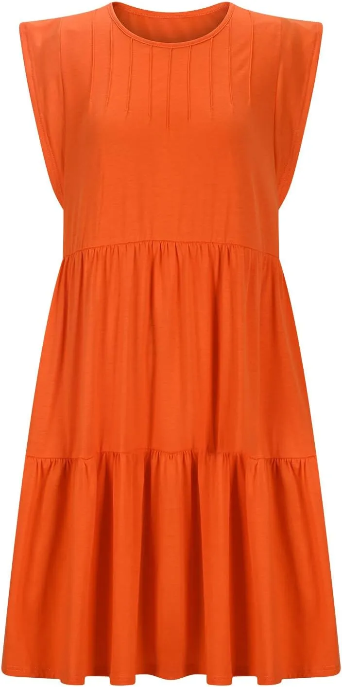 Cap Sleeve Crewneck Pleated Babydoll Mini Dress for Women Summer Beach Casual Ruffle Tiered Flowy A Line Swing Sundress