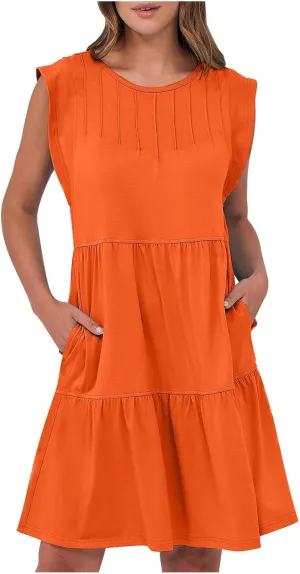 Cap Sleeve Crewneck Pleated Babydoll Mini Dress for Women Summer Beach Casual Ruffle Tiered Flowy A Line Swing Sundress