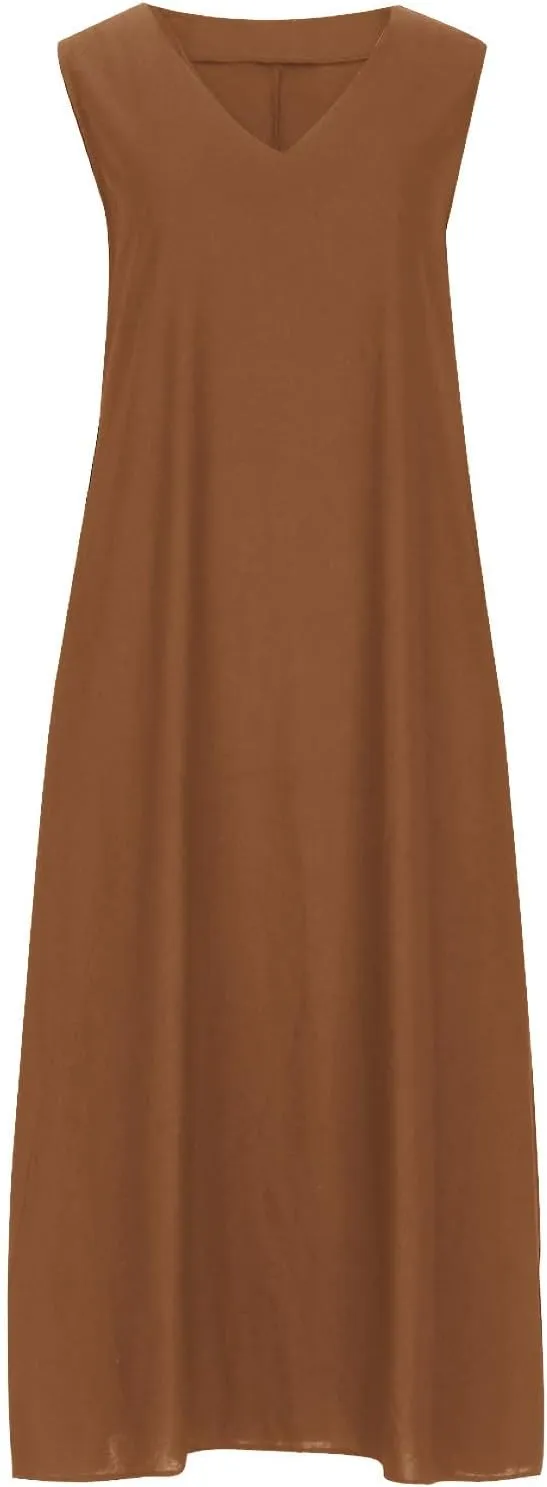 Casual Cotton Linen Tank Dresses for Women Summer Beach Sundress Loose Fit V Neck Sleeveless Long Maxi Dress with Pockets