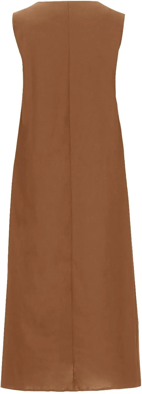 Casual Cotton Linen Tank Dresses for Women Summer Beach Sundress Loose Fit V Neck Sleeveless Long Maxi Dress with Pockets
