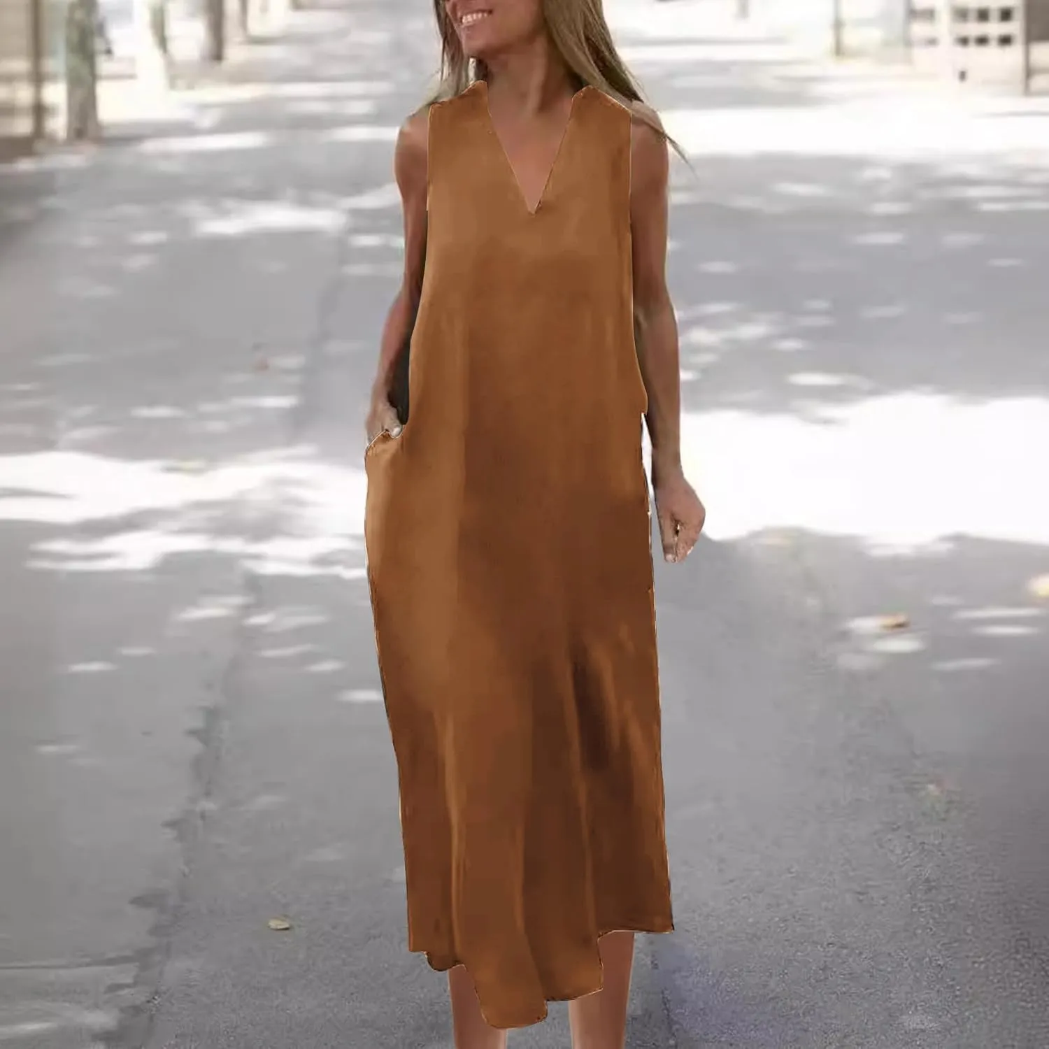 Casual Cotton Linen Tank Dresses for Women Summer Beach Sundress Loose Fit V Neck Sleeveless Long Maxi Dress with Pockets