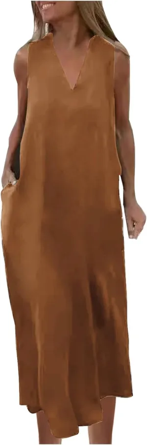 Casual Cotton Linen Tank Dresses for Women Summer Beach Sundress Loose Fit V Neck Sleeveless Long Maxi Dress with Pockets