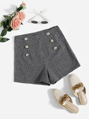 Casual Plaid Double Button High Waist Women Shorts