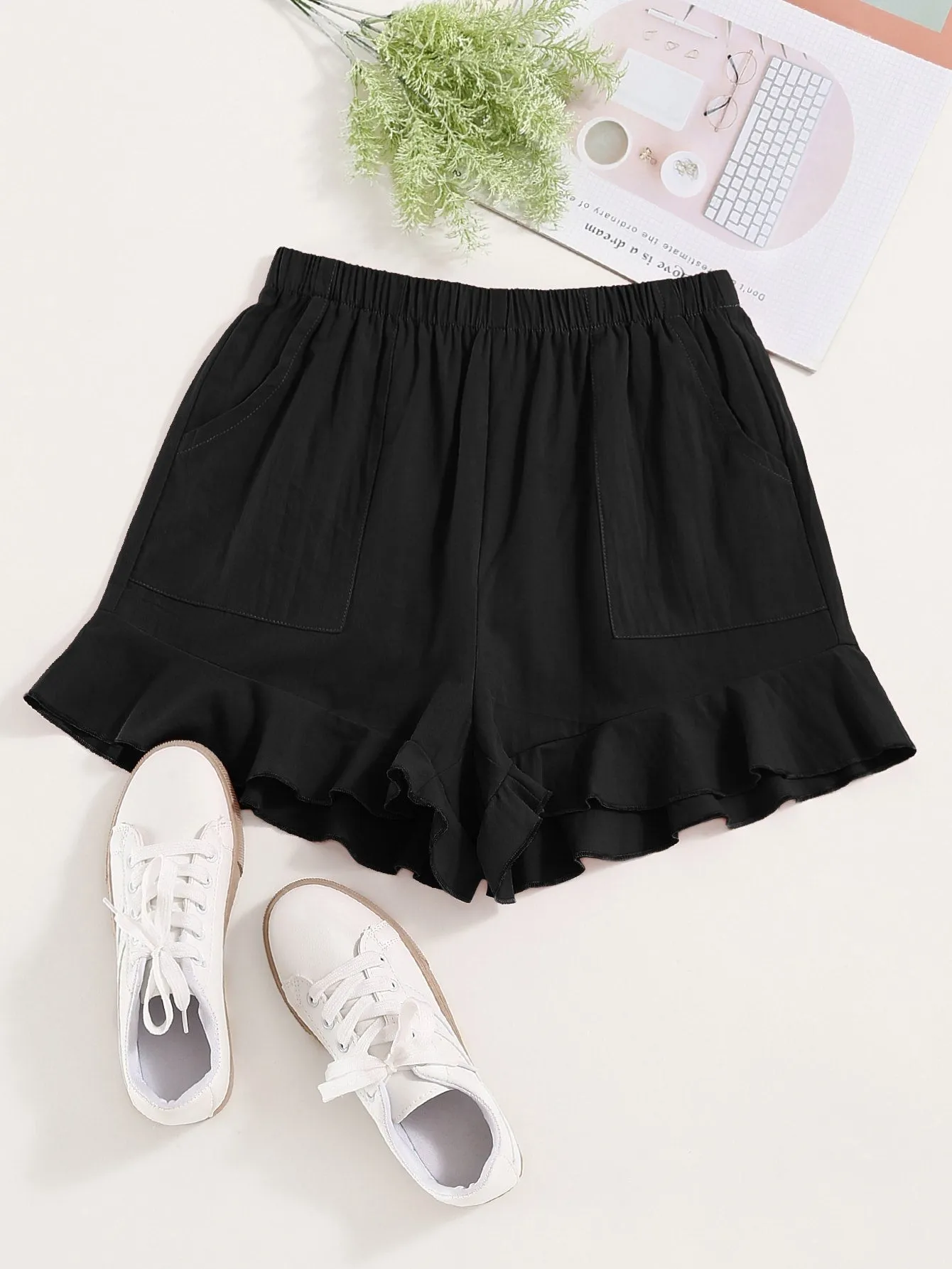 Casual Plain Ruffle Hem Natural Women Shorts