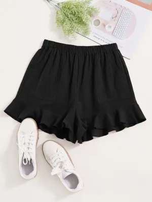 Casual Plain Ruffle Hem Natural Women Shorts