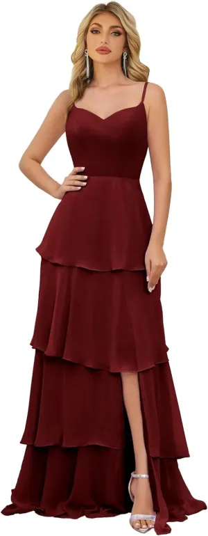 Chiffon Bridesmaid Dress V Neck Maxi Ruffle Tiered Evening Gowns for Women Spaghetti Straps Formal Dress