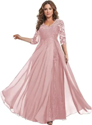 Chiffon Mother of The Bride Dress for Wedding V Neck Lace Applique 3/4 Sleeve Formal Evening Gowns