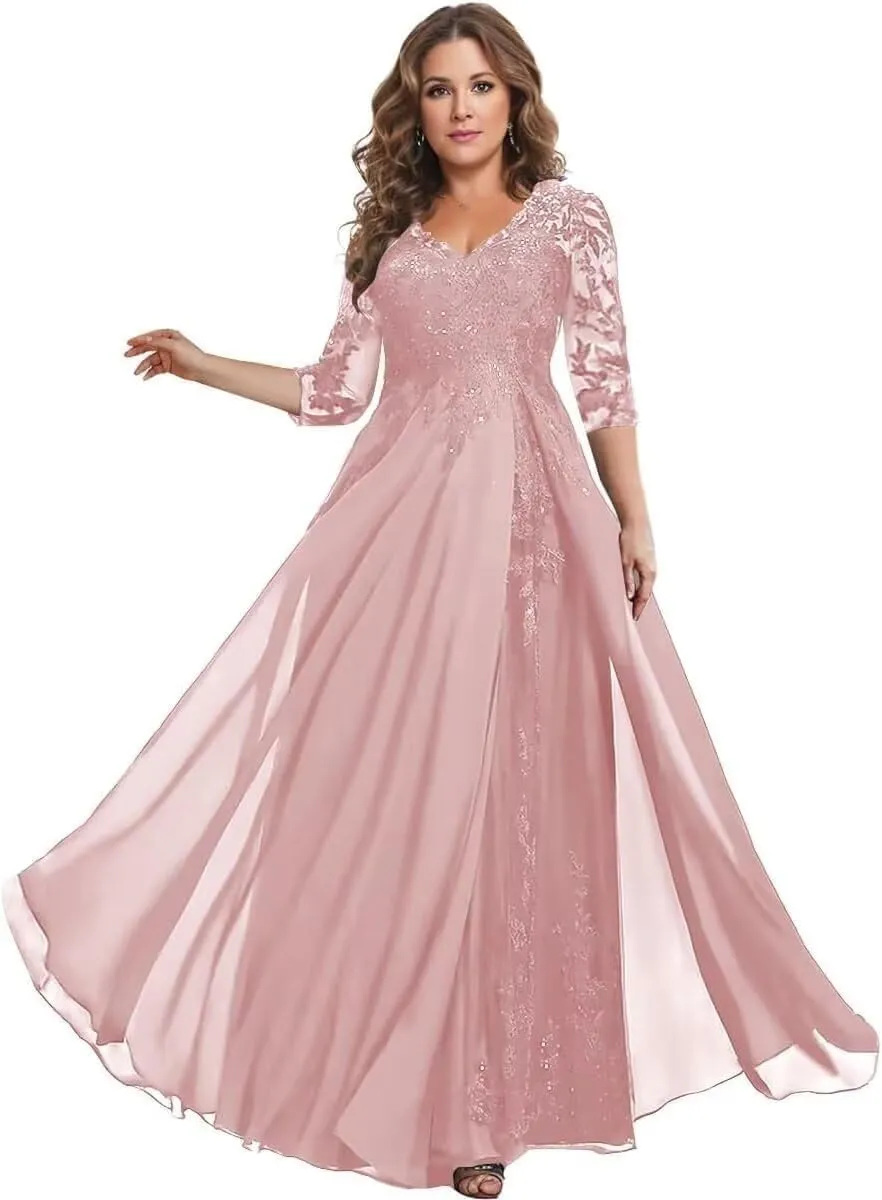 Chiffon Mother of The Bride Dress for Wedding V Neck Lace Applique 3/4 Sleeve Formal Evening Gowns