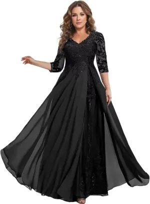Chiffon Mother of The Bride Dress for Wedding V Neck Lace Applique 3/4 Sleeve Formal Evening Gowns