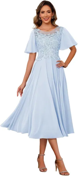 Chiffon Mother of The Bride Dresses 2025 Tea Length Lace Appliques Short Sleeves Formal Dresses XOD0479