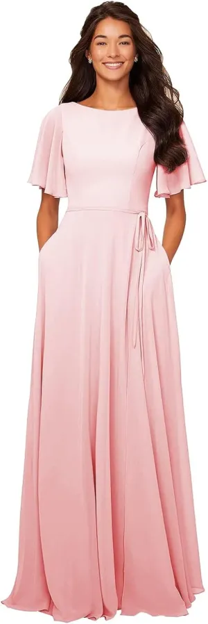 Chiffon Mother of The Bride Dressese Long A-Line Short Flutter Sleeves Formal Evening Dress with Sash
