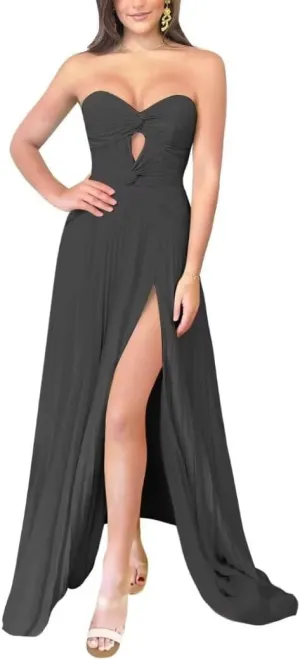Chiffon Prom Dress with Slit Long Ball Gown Strapless Keyhole Pleated A Line Formal Evening Party Dresses for Women