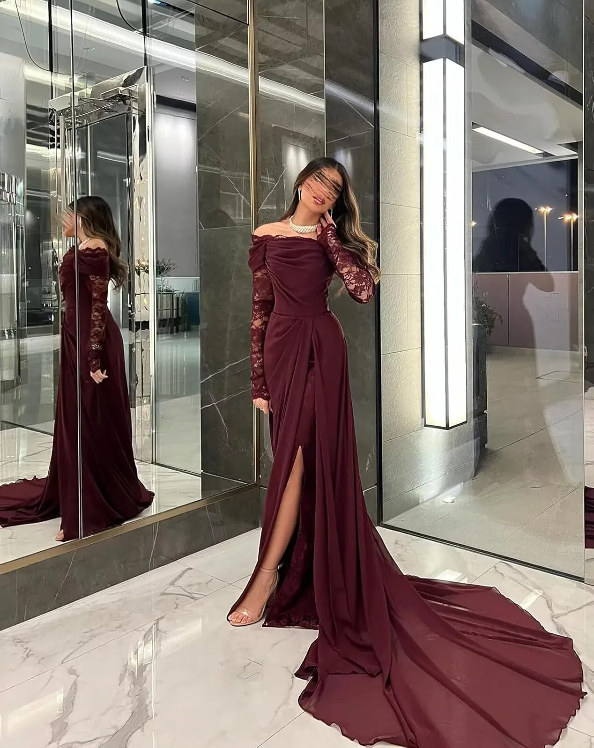 Chiffon Prom Dresses for Women 2025 Mermaid Lace Long Sleeve Sexy Bodycon Formal Evening Dresses with Slit
