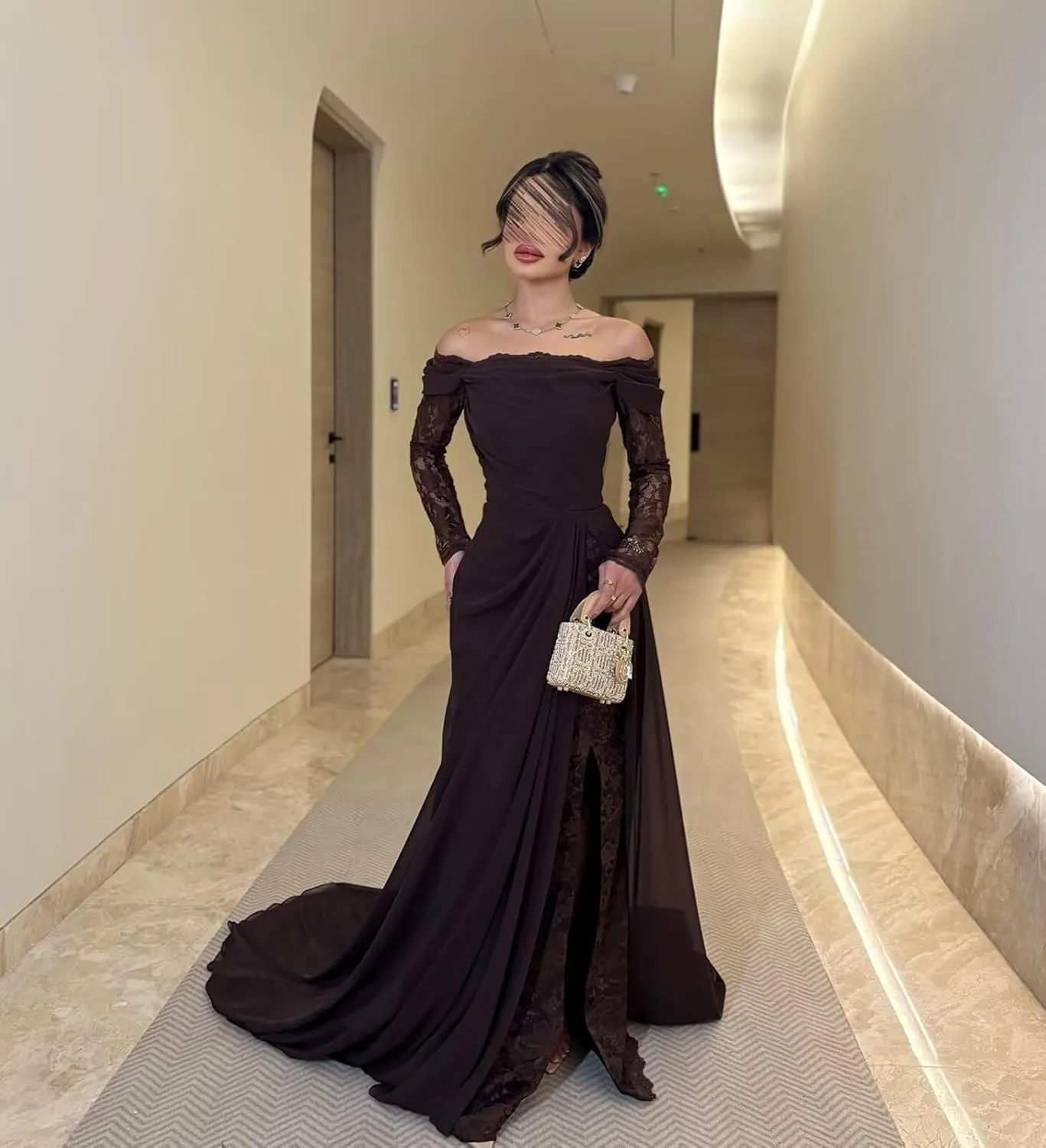 Chiffon Prom Dresses for Women 2025 Mermaid Lace Long Sleeve Sexy Bodycon Formal Evening Dresses with Slit