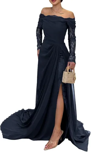 Chiffon Prom Dresses for Women 2025 Mermaid Lace Long Sleeve Sexy Bodycon Formal Evening Dresses with Slit