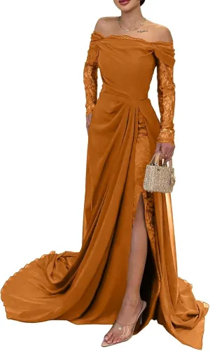 Chiffon Prom Dresses for Women 2025 Mermaid Lace Long Sleeve Sexy Bodycon Formal Evening Dresses with Slit
