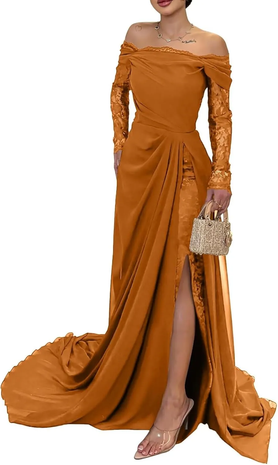 Chiffon Prom Dresses for Women 2025 Mermaid Lace Long Sleeve Sexy Bodycon Formal Evening Dresses with Slit