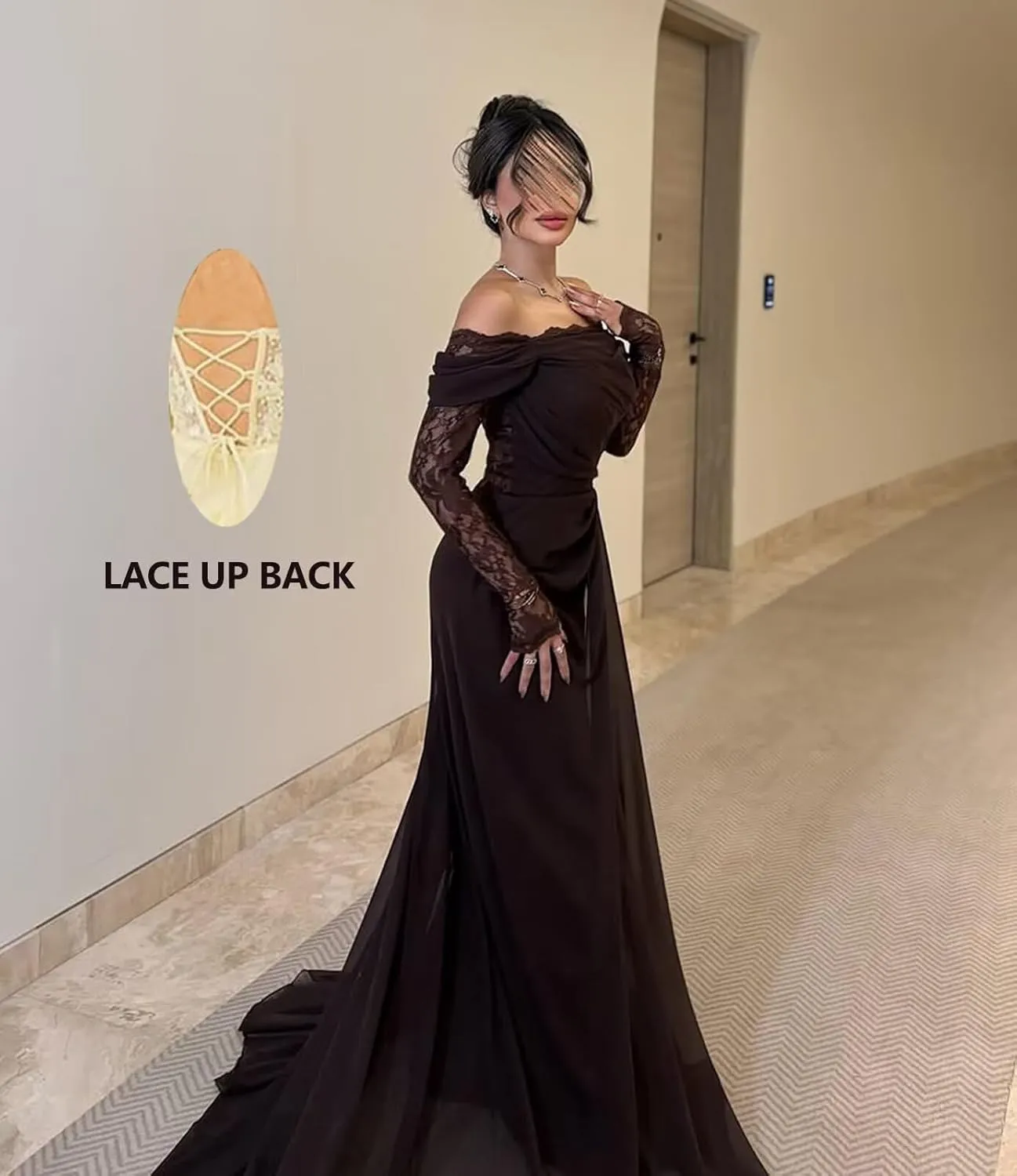 Chiffon Prom Dresses for Women 2025 Mermaid Lace Long Sleeve Sexy Bodycon Formal Evening Dresses with Slit
