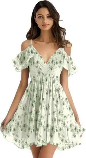 Chiffon Short Bridesmaid Dresses Off Shoulder V Neck Ruffle Ruched Pleated Summer Formal Dress
