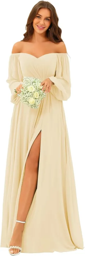 Clothfun Women's Long Puff Sleeve Bridesmaid Dresses Pleated A Line Chiffon Formal Party Dress with Slit CY140